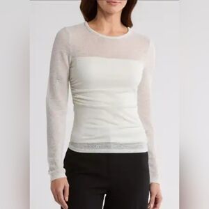 Robert Rodriguez Long Sleeve White Shimmer Side Shirred Top Size Medium Silver